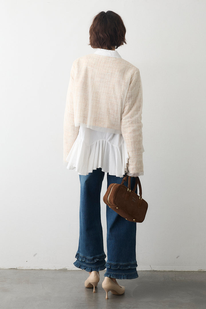 [予約/SET]ツイード×チュールレイヤードクロップドジャケット+フリルヘムデニムパンツ(2set)