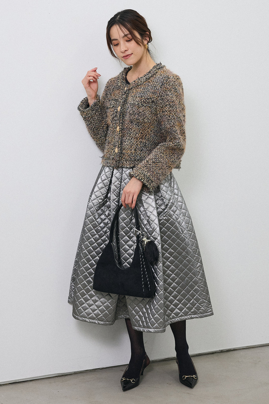 [予約/SET]カラーミックスツイードジャケット+メタリックキルティングフレアスカート(2set)