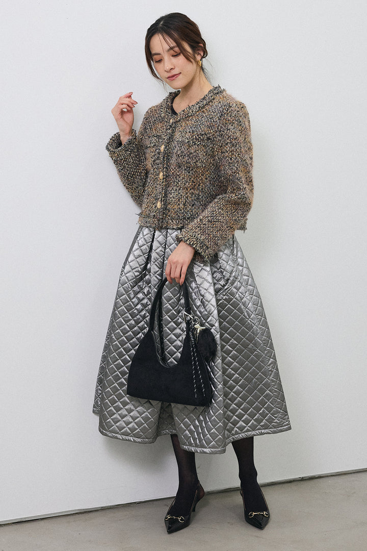 [予約/SET]カラーミックスツイードジャケット+メタリックキルティングフレアスカート(2set)