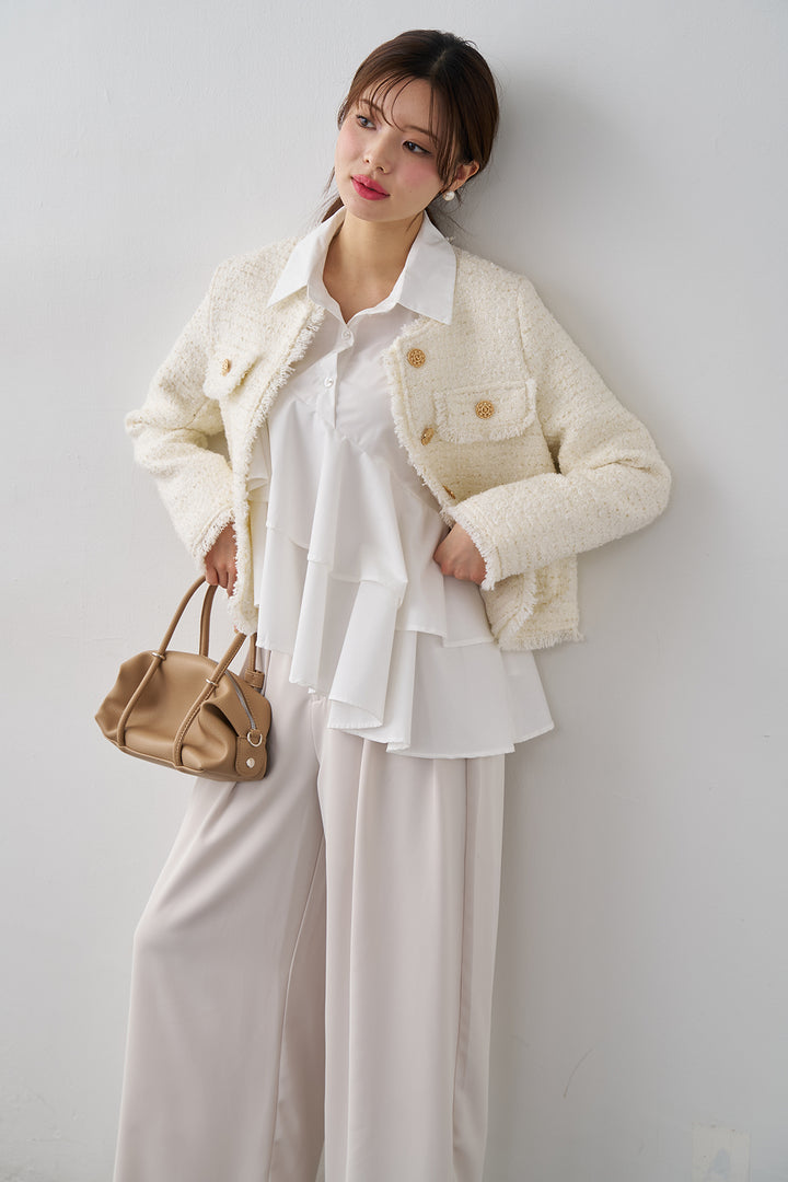 [予約/SET]フリンジツイードゴールドボタンジャケット+エステルツイルタックワイドカラーパンツ(2set)