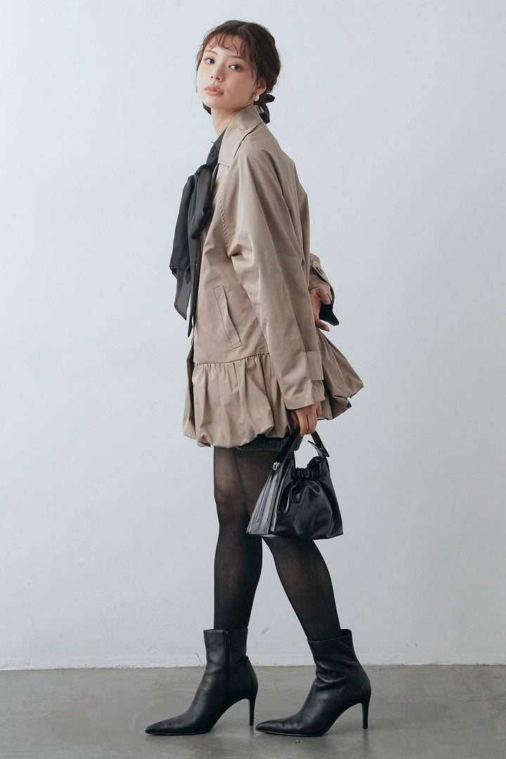 [予約/SET]フロントBIGリボンティアードエアリーチュニック+バルーンヘムミディ丈トレンチコート+メランジニットショートパンツ(3set)