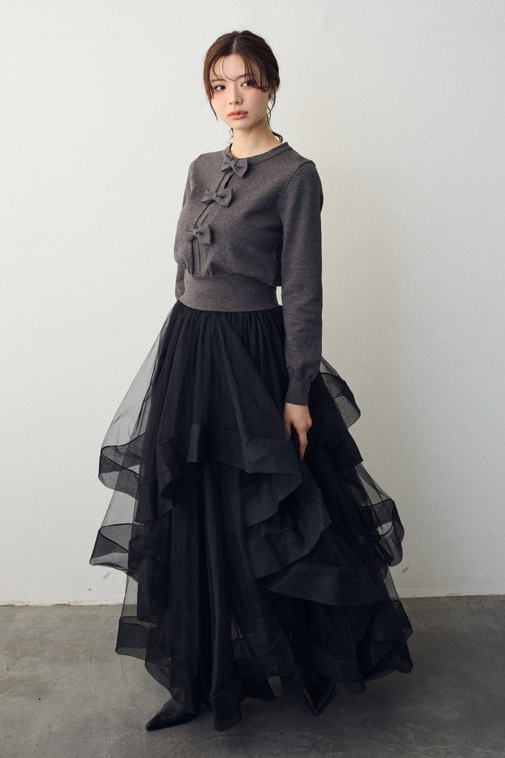 [予約/SET]フロントリボンモチーフカーデ+ランダムフリルティアードボリュームスカート(2set)