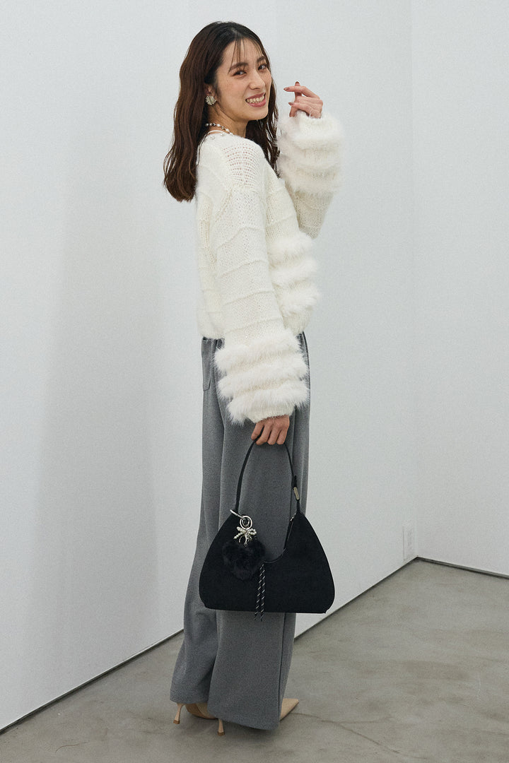 [予約/SET]ネックビジューラインファーニットカーデ+2タック美シルエットパンツ(2set)