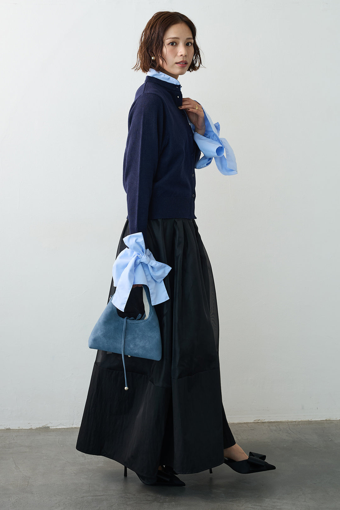 [予約/SET]BIGリボンカフスデザインニットドッキングカーデ+オーガンジー×タフタコクーンスカート(2set)