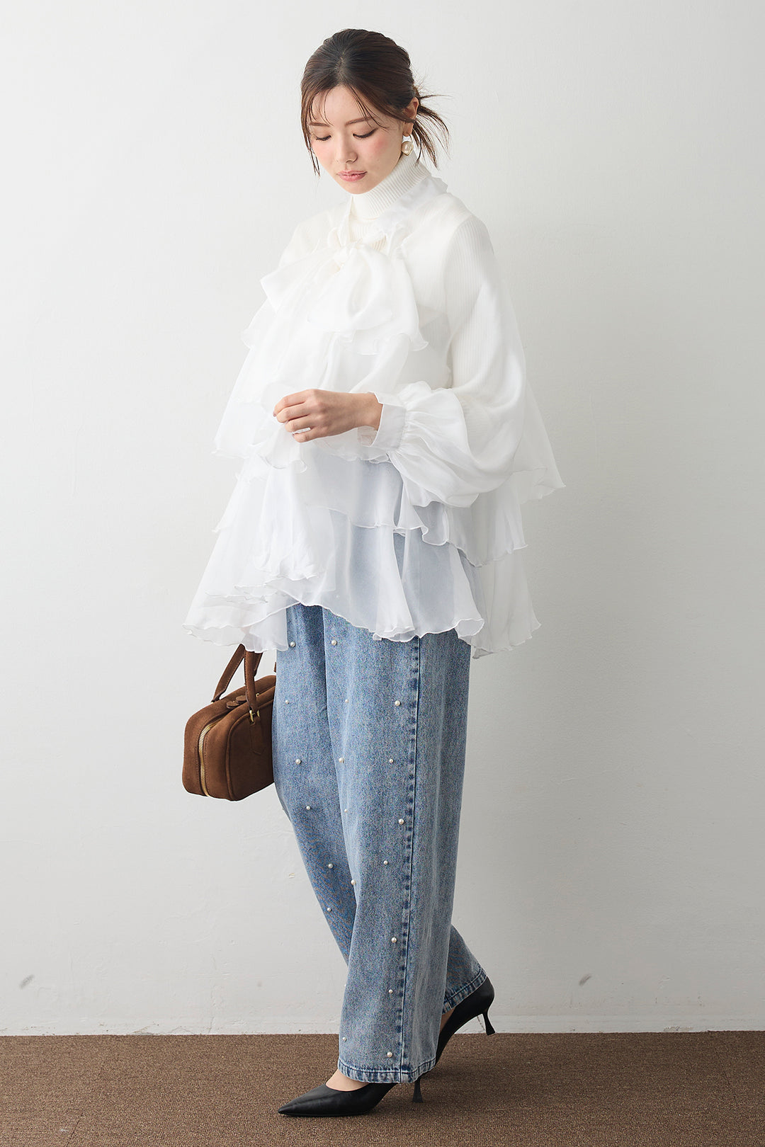 [予約/SET]フロントBIGリボンティアードエアリーチュニック+パールスタッズストレートハイウエストデニム(2set)