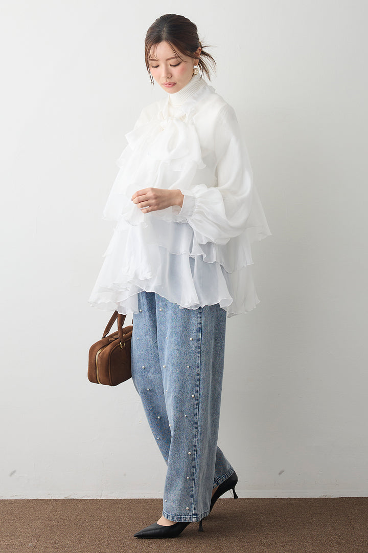 [予約/SET]フロントBIGリボンティアードエアリーチュニック+パールスタッズストレートハイウエストデニム(2set)