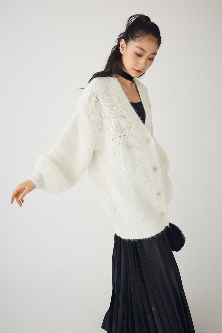 [予約/SET]ビーズフラワースパンコールシャイニーニットカーデ+シャイニープリーツサテンスカート(2set)