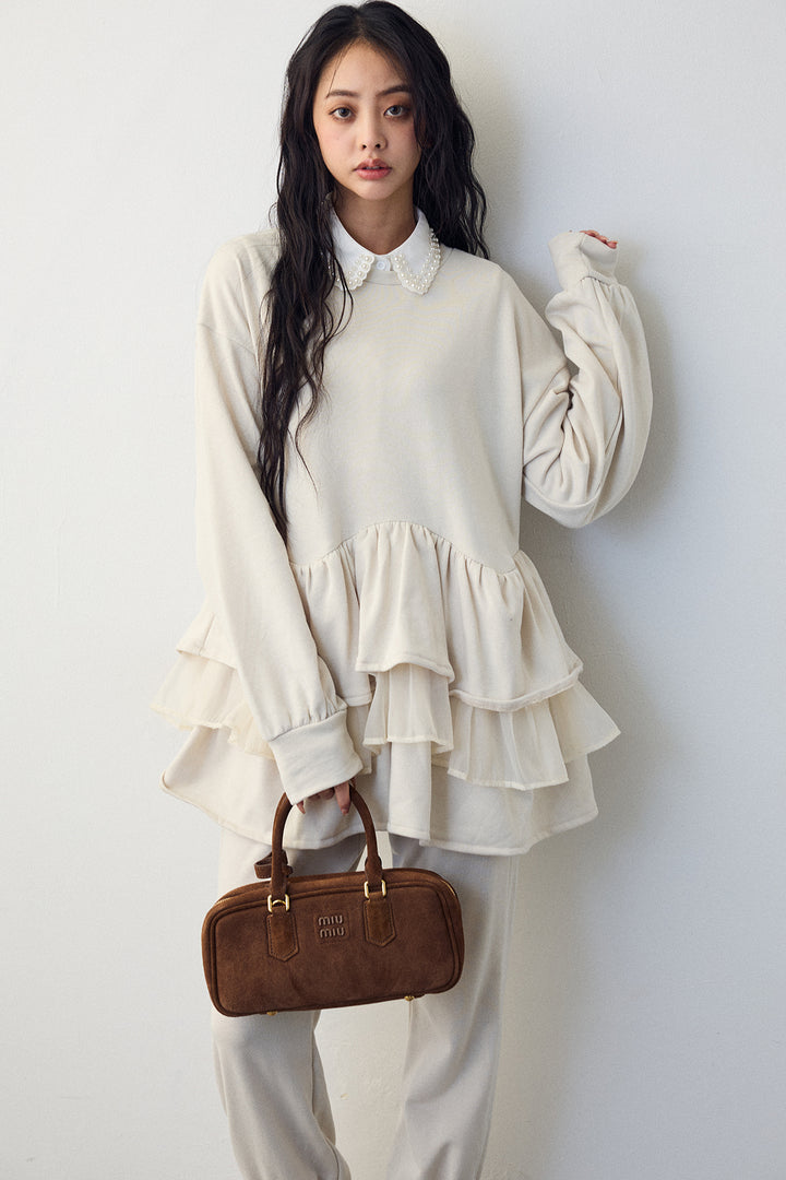 [予約]異素材ミックスフリルティアードスウェットPO