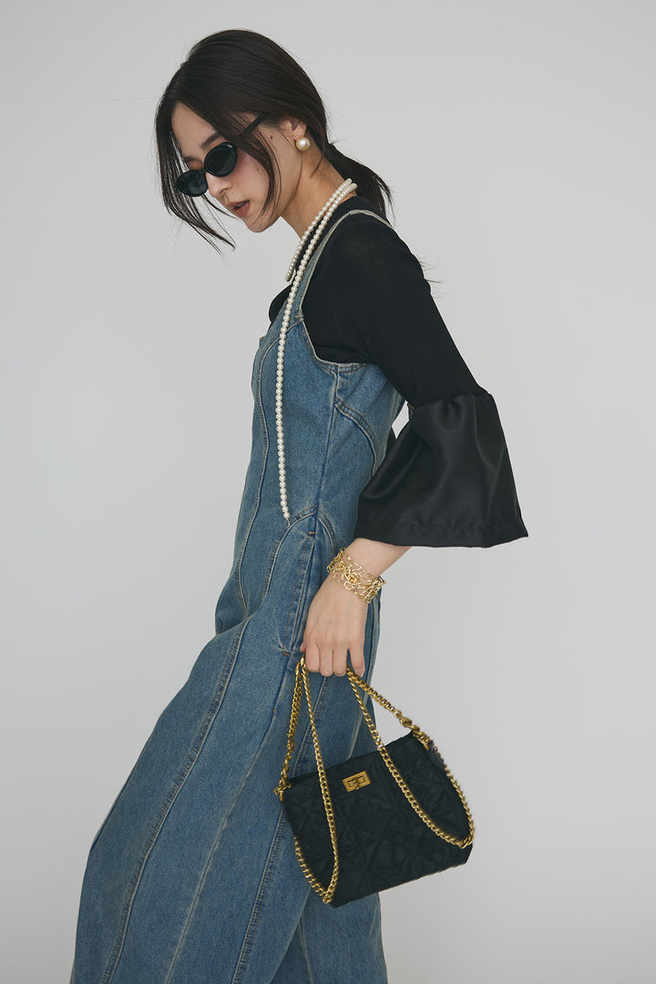 [予約/SET]タックフレア異素材ドッキングニットPO+美ラインデニムサロペット(2set)