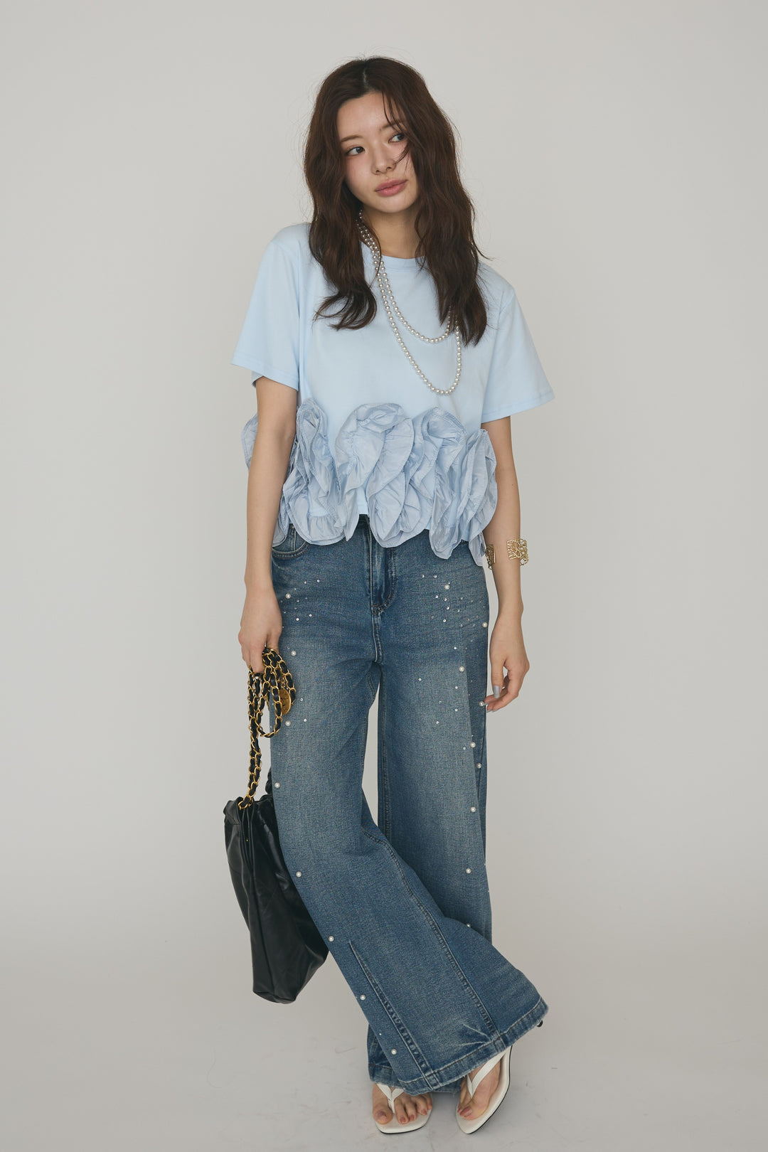 [予約/SET]フリルウェーブヘムカットTシャツ+パールラインストーンハイウエストデニム(2set)