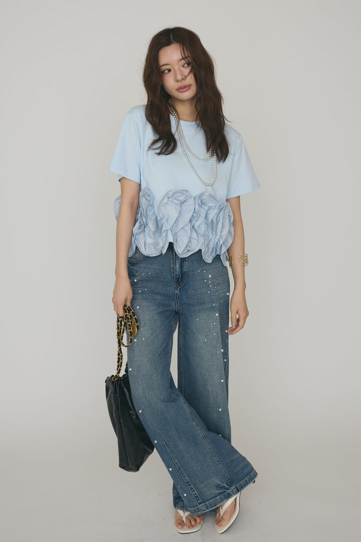 [予約/SET]フリルウェーブヘムカットTシャツ+パールラインストーンハイウエストデニム(2set)