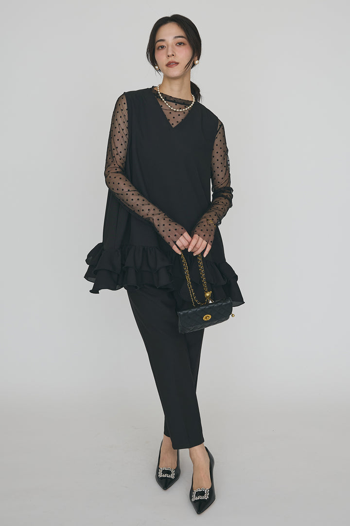 [予約/SET]異素材フリルヘムVネックチュニック+タックテーパードパンツ(2set)