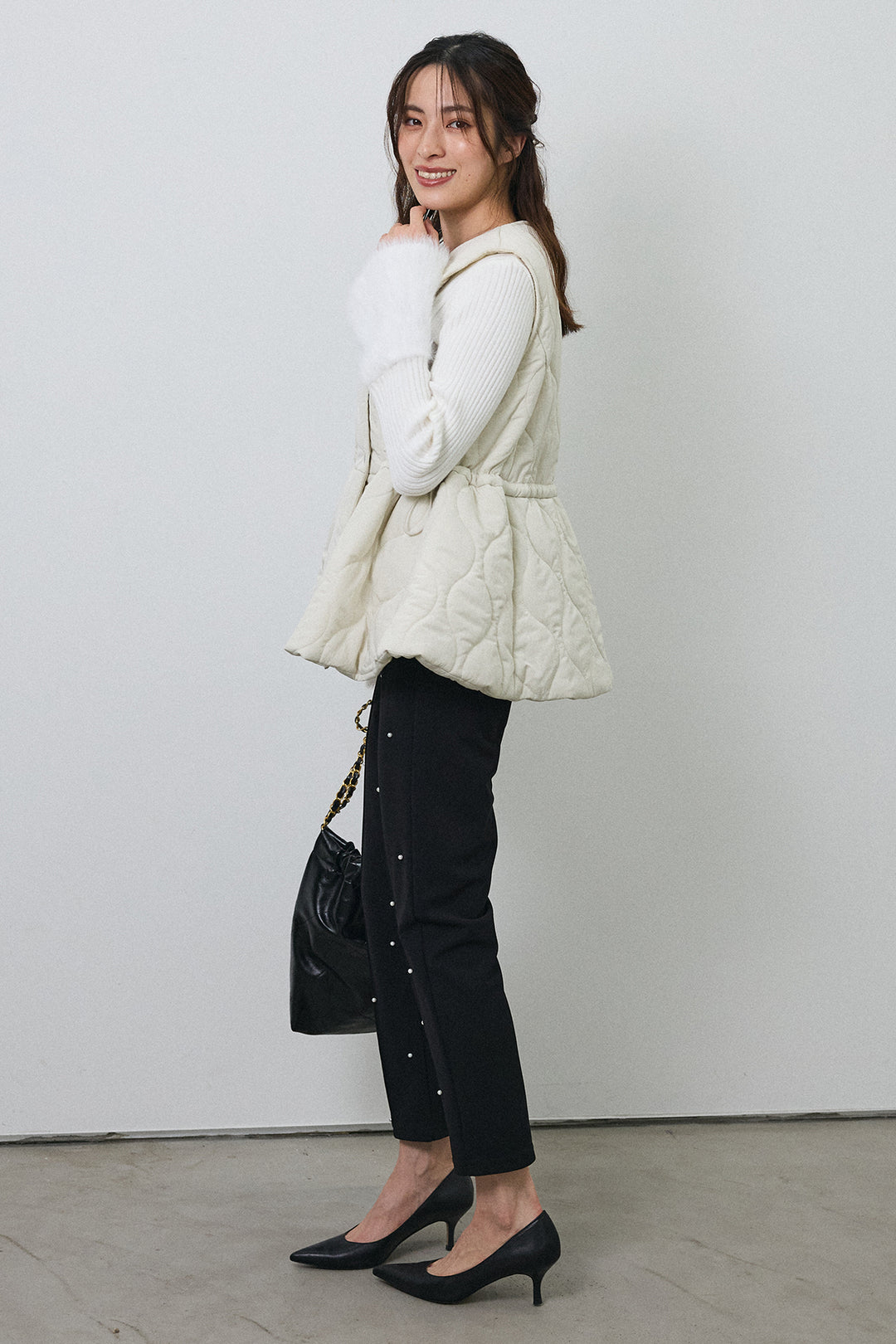 [予約/SET]フェザー切替スリーブフレアニット+キルティングフレアシルエットベスト(2set)