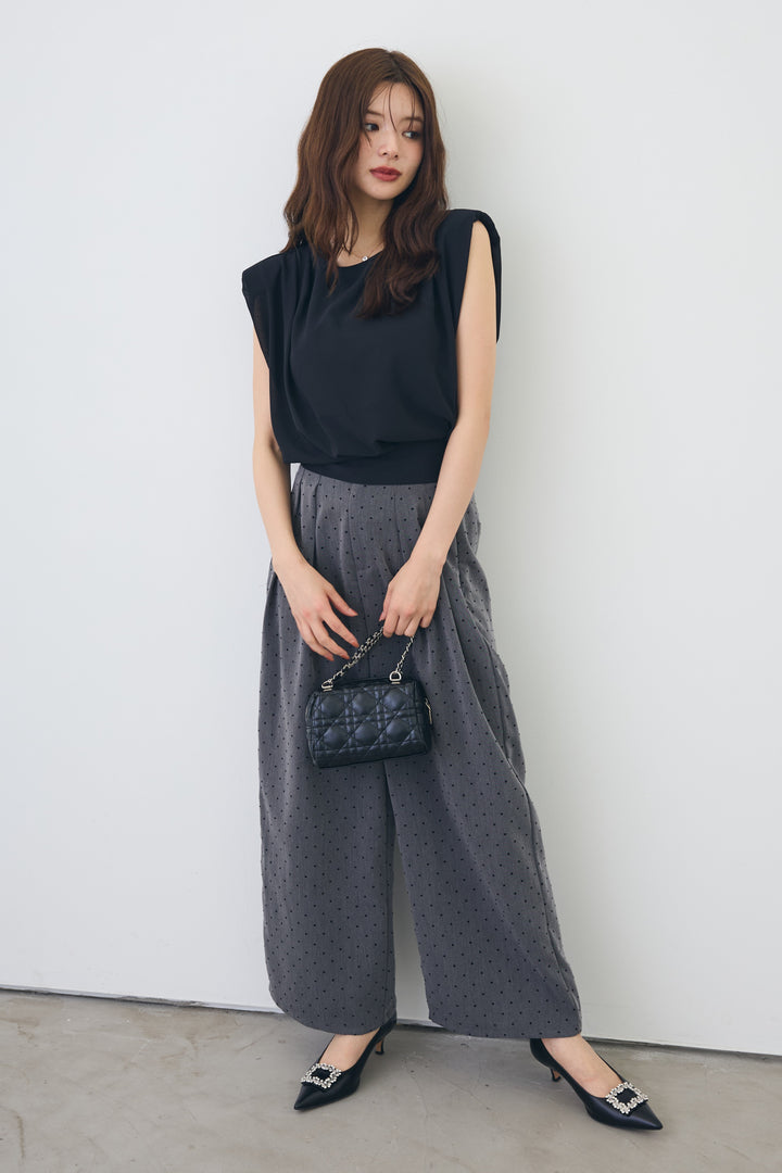 [予約/SET]バックリボンモードショルダーシフォンブラウス+ドットツイルタックワイドパンツ(2set)
