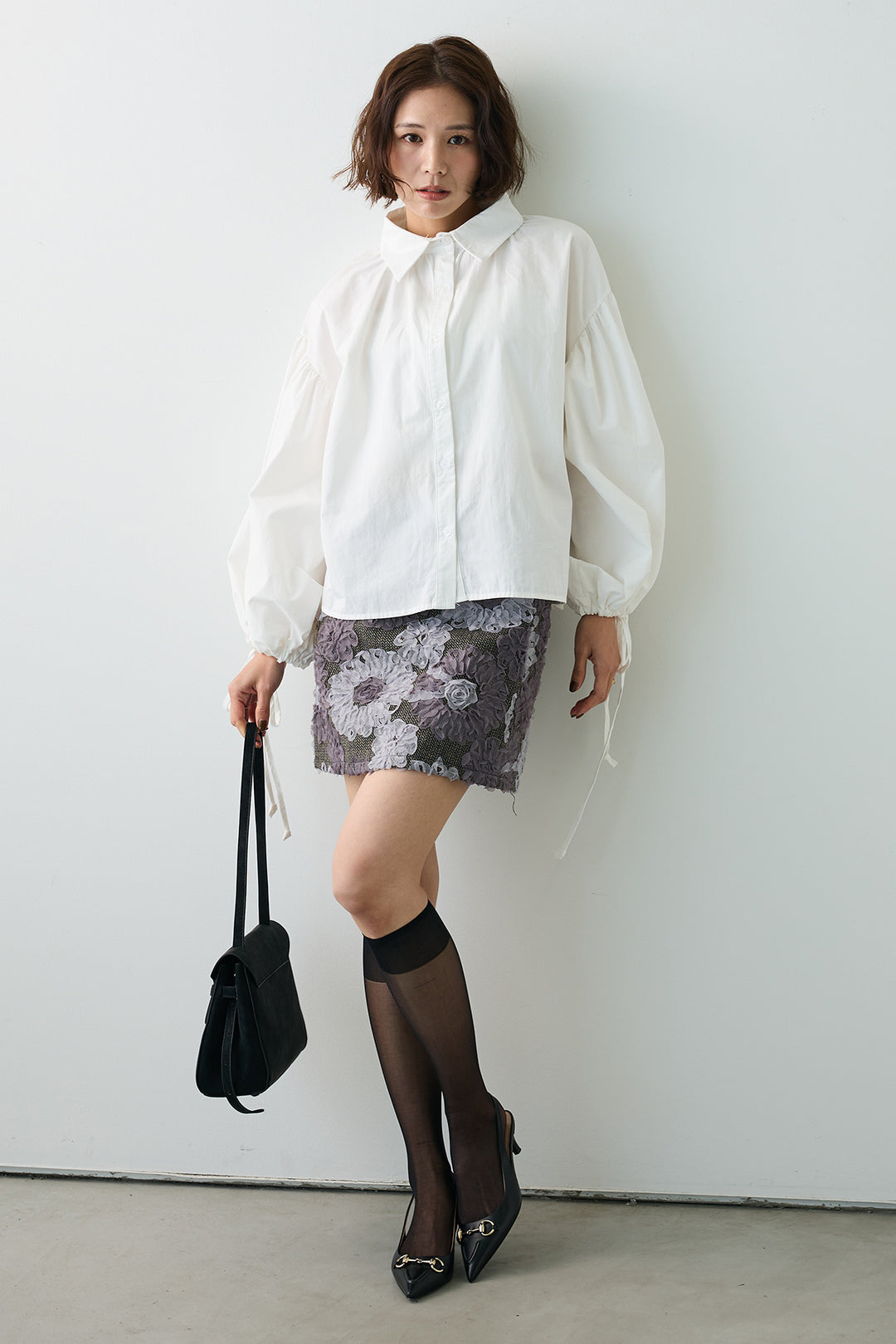 [予約/SET]ワイドスリーブドロストクロップドシャツ+ブルームフラワーミニスカート(2set)