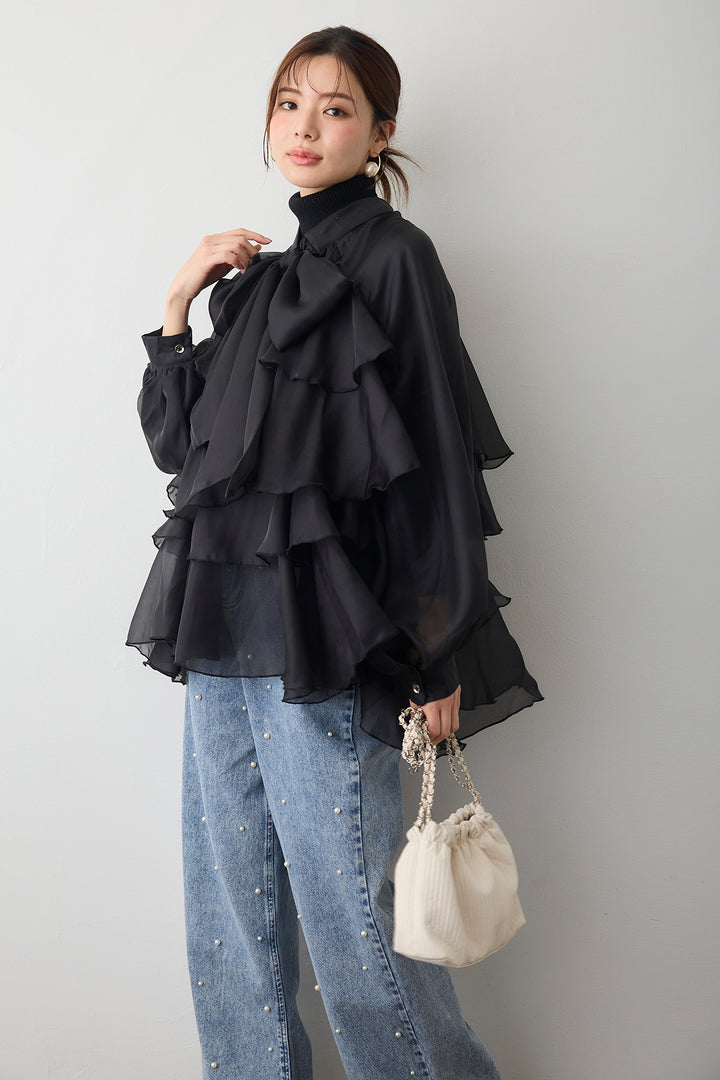 [予約]フロントBIGリボンティアードエアリーチュニック