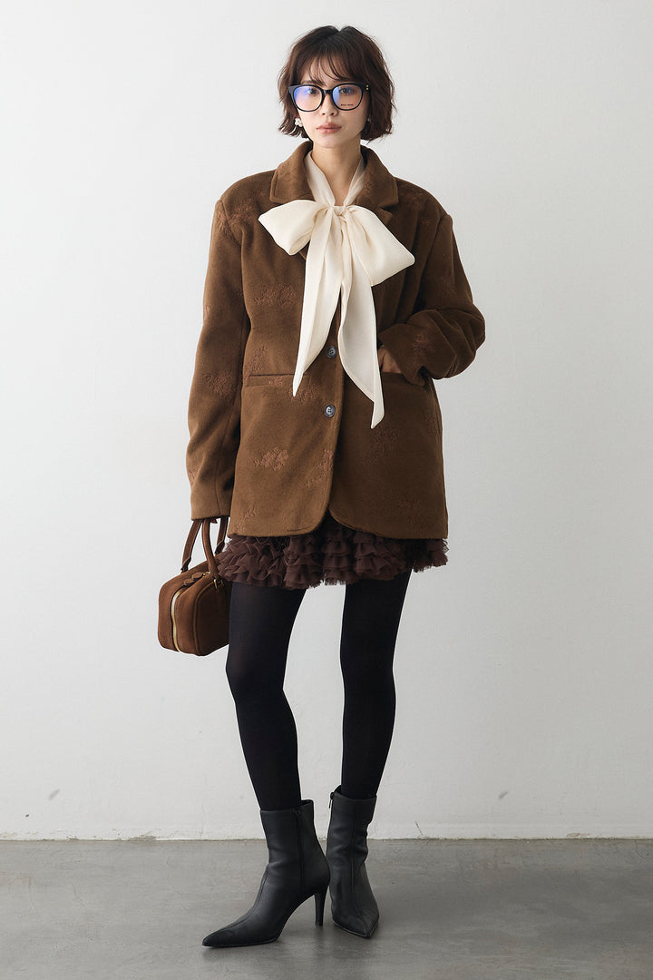 [予約/SET]前後2wayリボンシアーブラウス+フラワーエンブロイダリーモッサジャケット+ホイップチュールミニ丈スカート(3set)