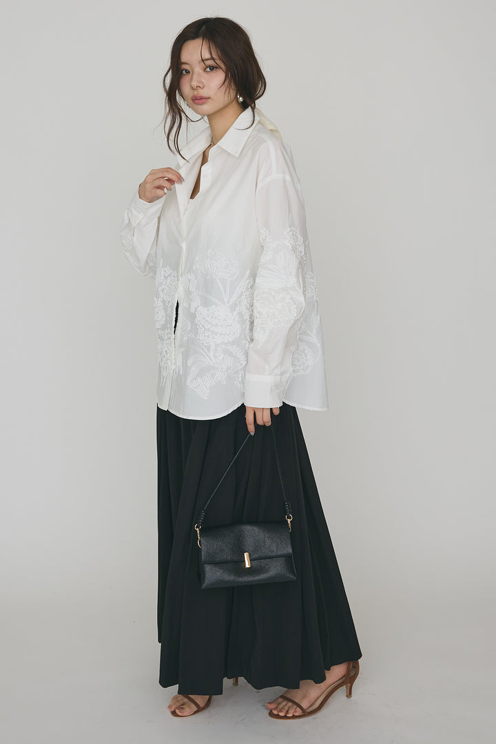 [予約/SET]フラワー刺繍モチーフオーバーシャツ+ギャザーフレア綿タッチスカート(2set)