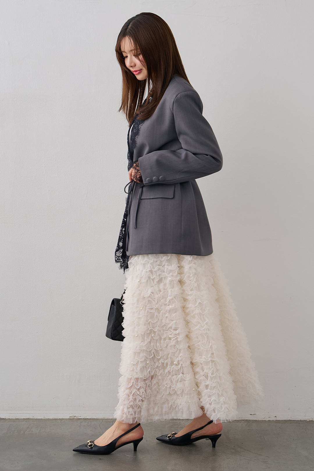 [予約/SET]カシュクールレースドッキングジャケット+パール付きホイップチュールスカート(2set)