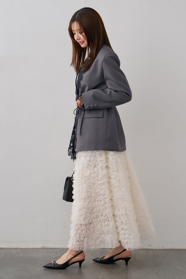 [予約/SET]カシュクールレースドッキングジャケット+パール付きホイップチュールスカート(2set)