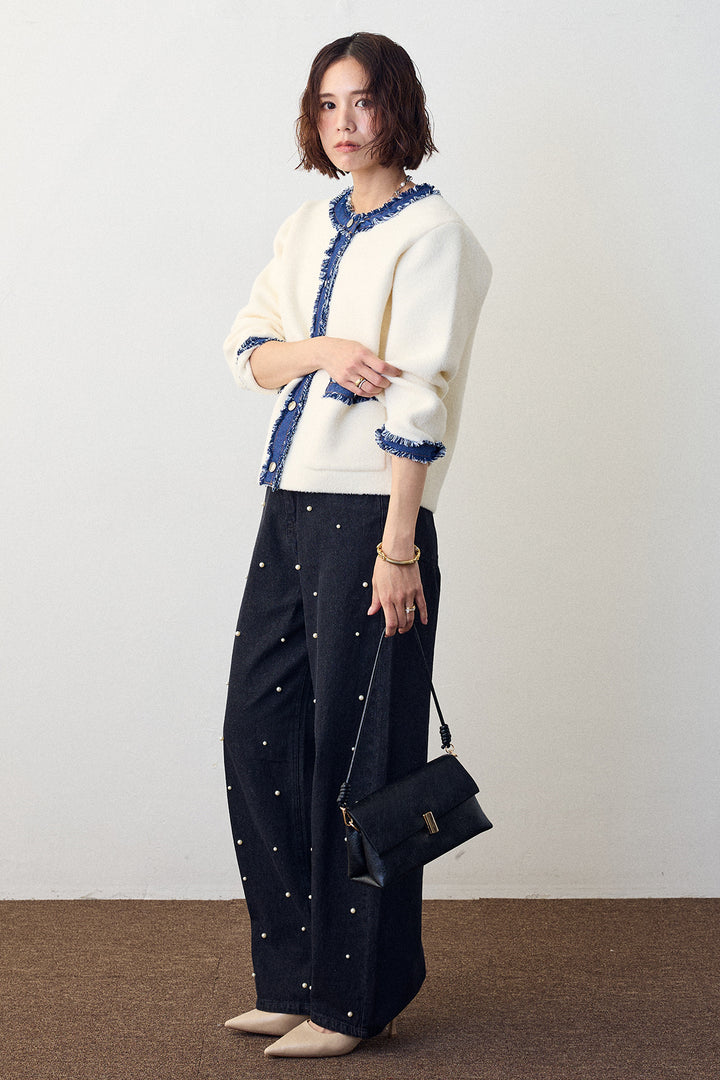 [予約/SET]デニムドッキングマルチパターンカーデ+パールスタッズストレートハイウエストデニム(2set)