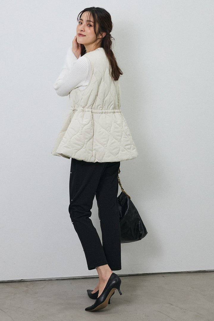 [予約/SET]フェザー切替スリーブフレアニット+キルティングフレアシルエットベスト+センターシームランダムパールパンツ(3set)