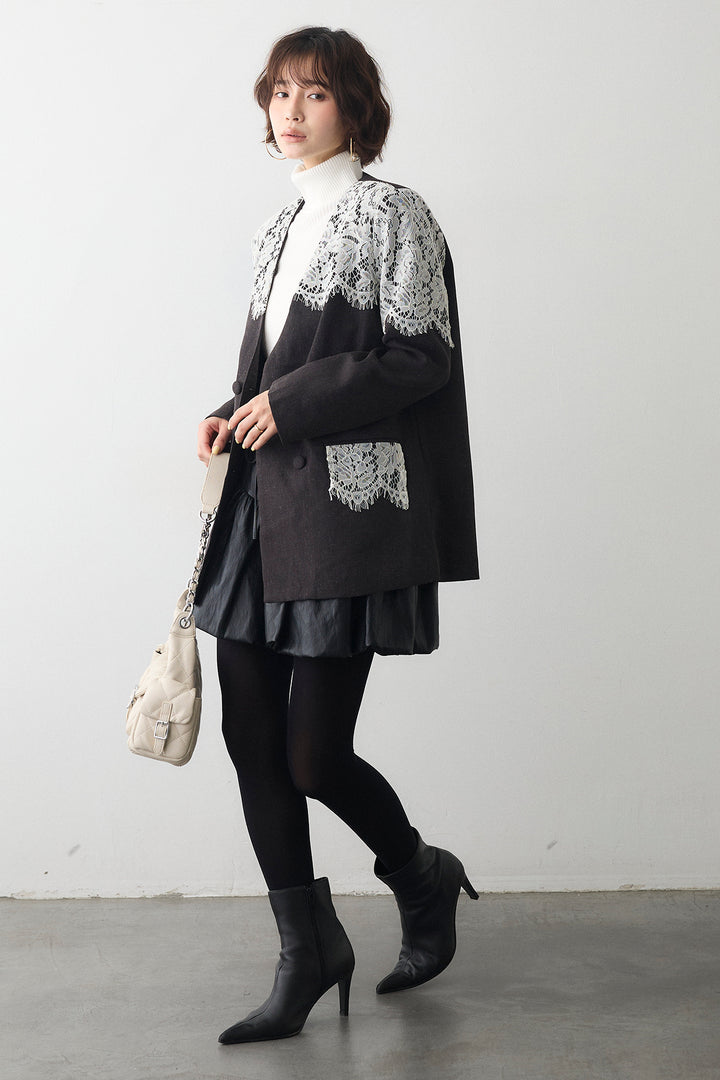 [予約/SET]ショルダーレースデザインジャケット+フェイクレザーティアードバルーンミニスカート(2set)