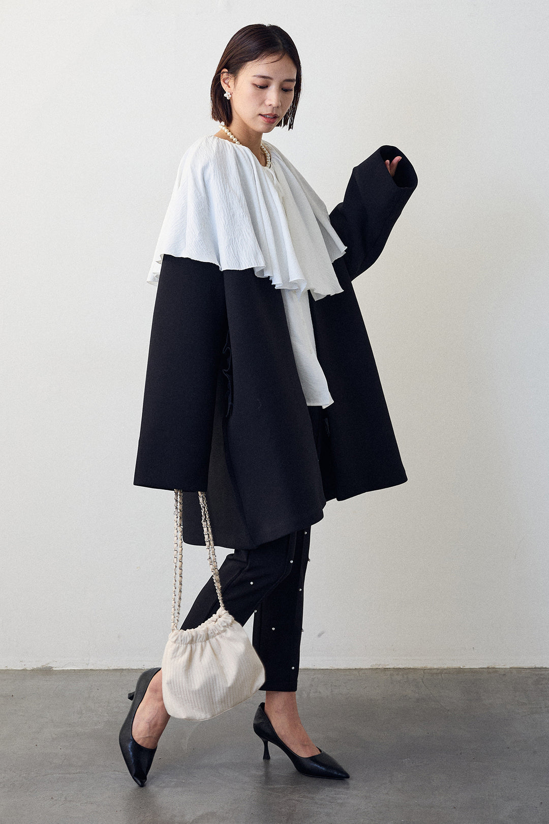 [予約/SET]BIGフリルカラーブラウス+フリルポケットボンディングノーカラーコート(2set)