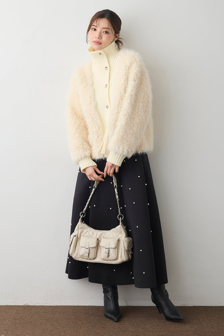 [予約/SET]シャギーファー×リブニットミックスジャケット+マルチパターンボンディングフレアスカート(2set)