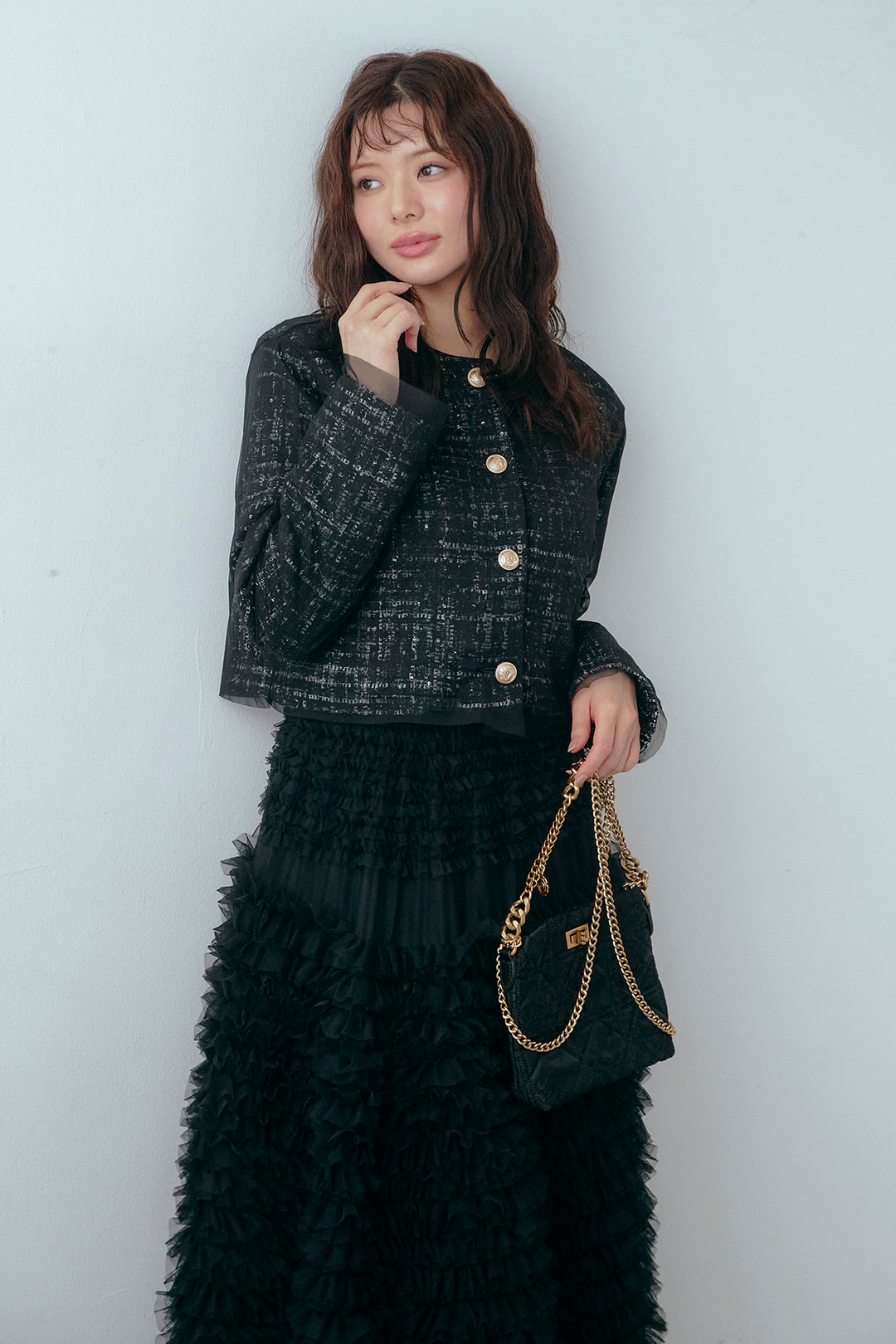 [予約/SET]ツイード×チュールレイヤードクロップドジャケット+ホイップチュールティアードスカート(2set)