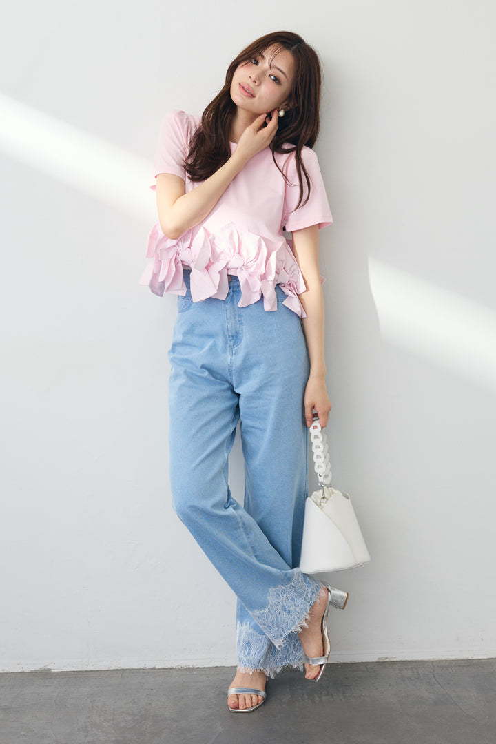 [予約/SET]リボンヘムデザインTシャツ+【接触冷感】ヘムレースデニムパンツ(2set)