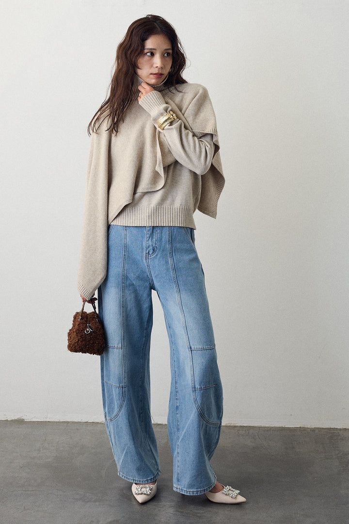 [予約/SET]アシメケープ2wayニット+ステッチ美ラインカーブデニムパンツ(2set)