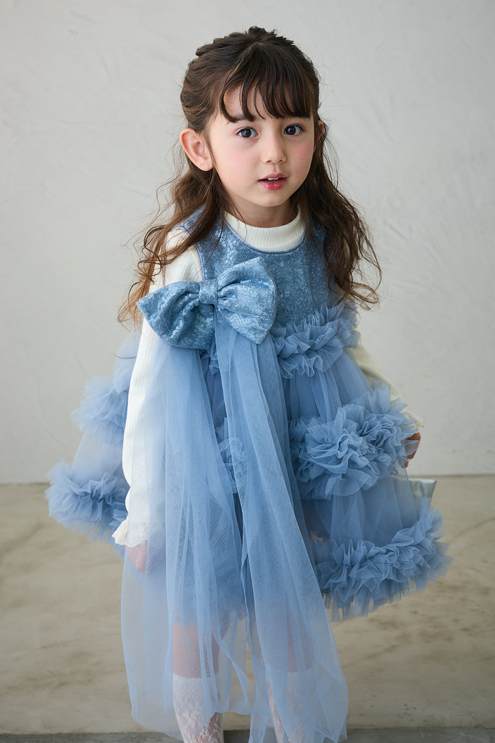 [予約/親子SET][kids]スパンコールリボンホイップチュールワンピセット+フリルヘムスリーブブラウス+クロップドマニッシュシンプルジャケット+ツイルシンプルストレートパンツ(4set)