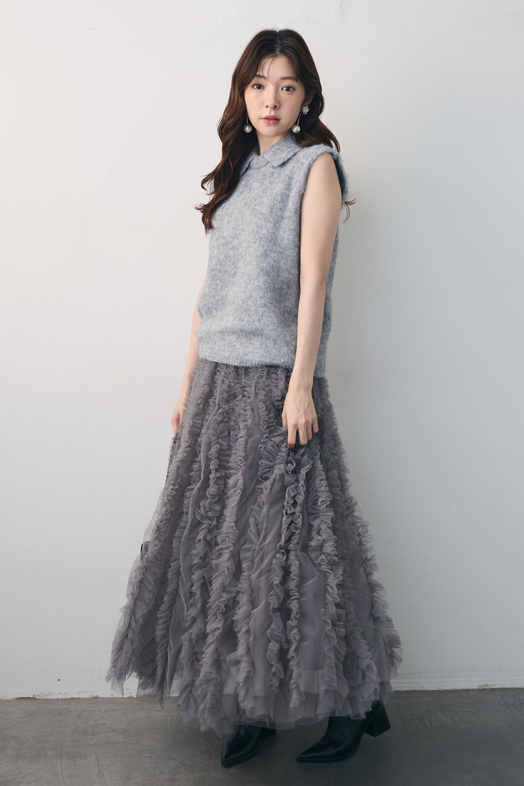 [予約/SET]モヘア起毛ポロベスト+バーチカルフリルチュールスカート(2set)