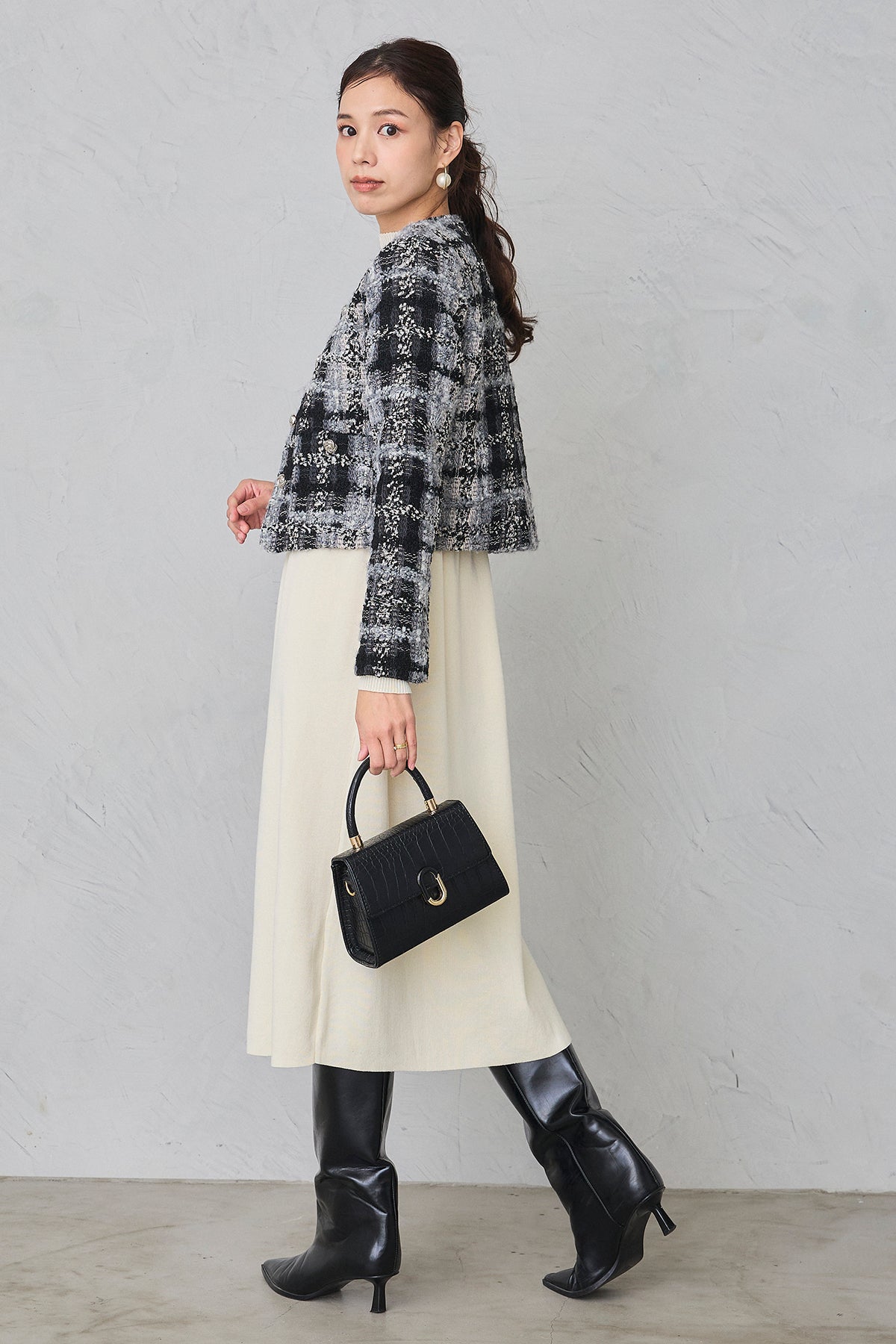 予約/SET]ツイードチェッククロップドジャケット+リブセミフレアニット