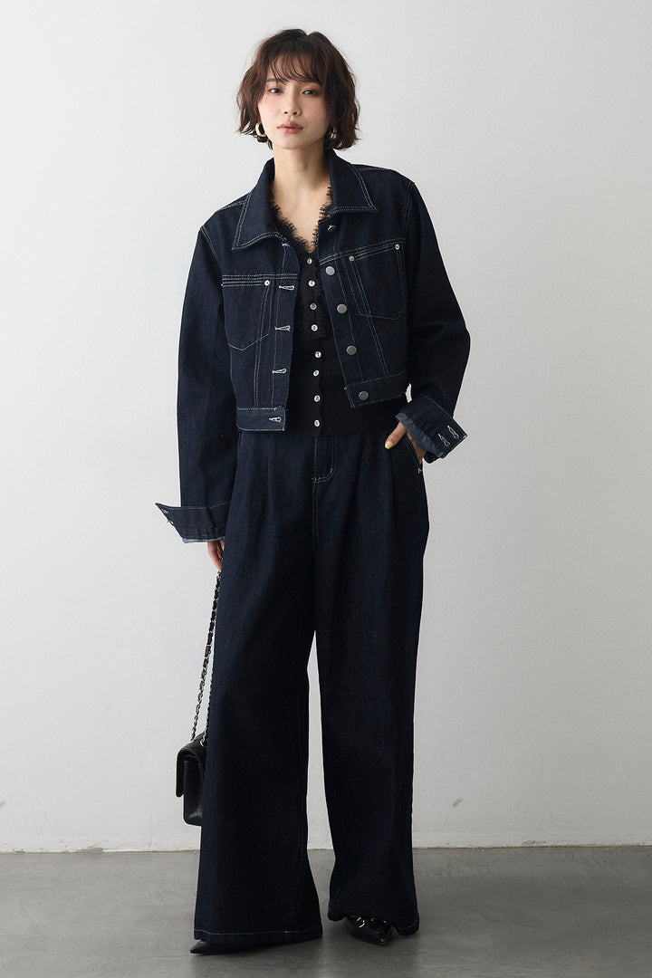 [予約/SET]レースVラインボタンニット+クロップドデニムセットアップ(2set)