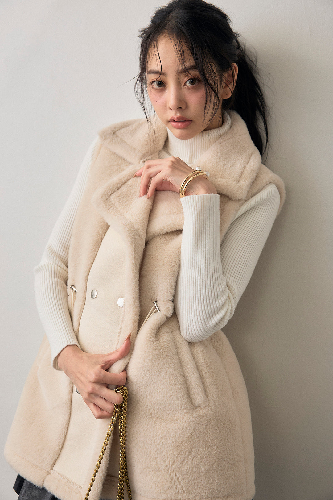 [予約/SET]テディボアウエストドロストベスト+フェイクレザーティアードバルーンミニスカート(2set)