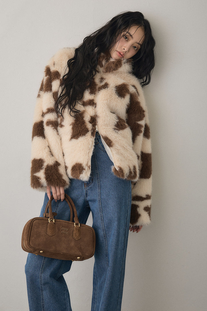 [予約/SET]COW柄スタンドファーライクコート+ウエストアシメデニムパンツ(2set)