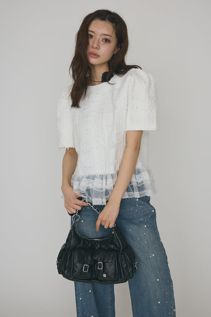 [予約/SET]サマーツイード異素材ドッキングトップス+パールラインストーンハイウエストデニム(2set)