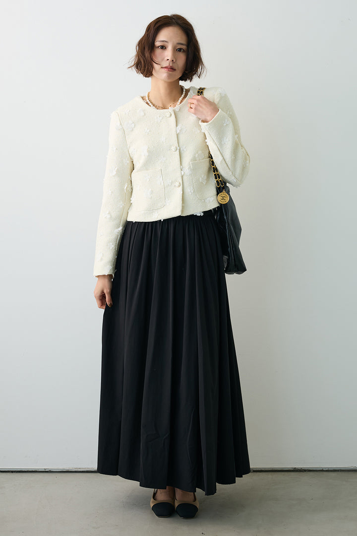 [予約/SET]フラワーモチーフツイードジャケット+ギャザーフレア綿タッチスカート(2set)