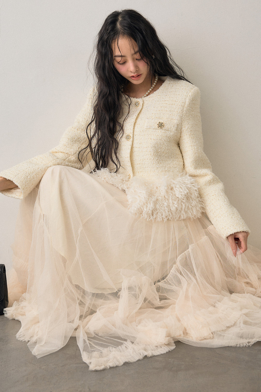 [予約/SET]中綿ツイードロングファードッキングジャケット+フェアリードレープチュールスカート(2set)