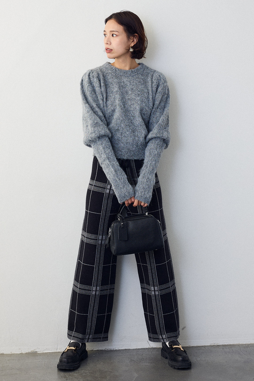 [予約/SET]モヘアパフスリーブプルオーバー+チェック柄ニットストレートパンツ(2set)