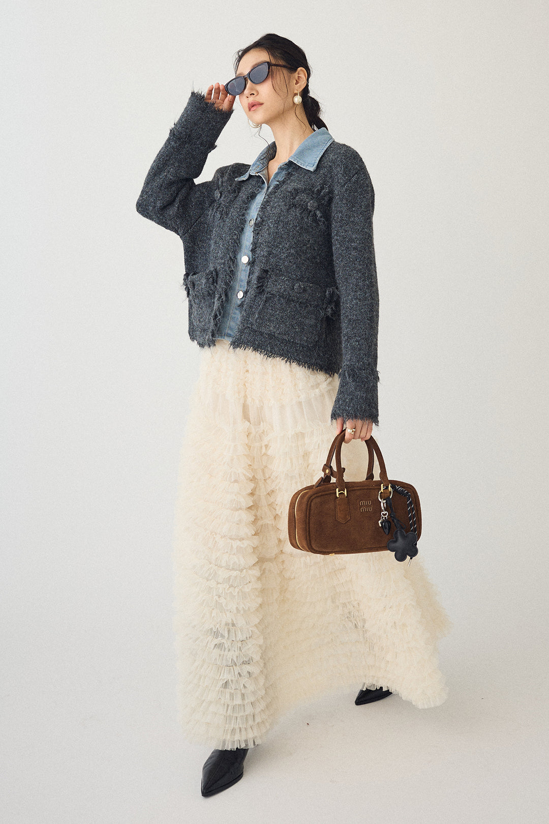 [予約/SET]デニムシャツドッキングツイードカーデ+ホイップチュールティアードスカート(2set)