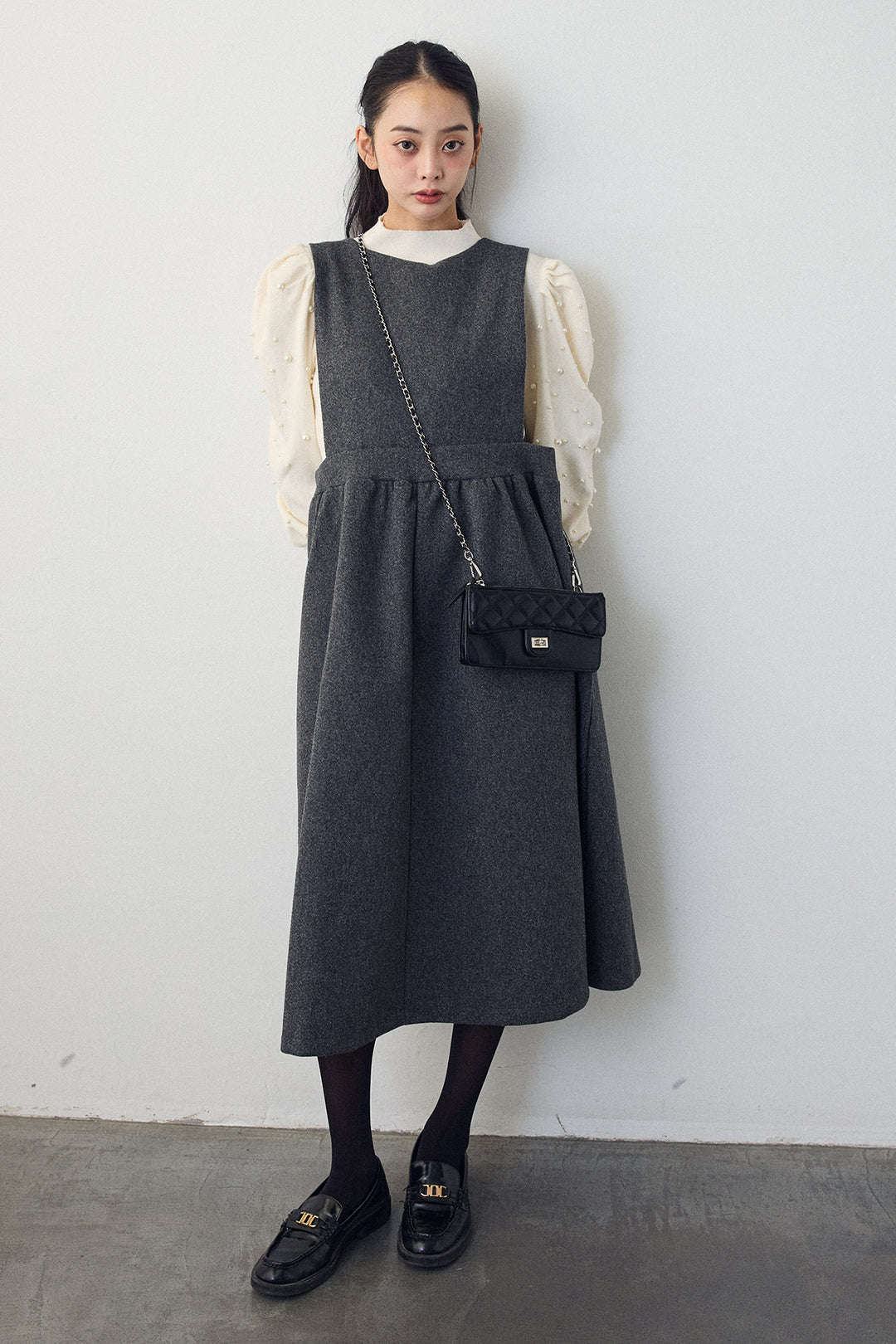 [予約/SET]パフスリーブランダムパールニット+バックリボンボックスシルエットジャンスカ(2set)