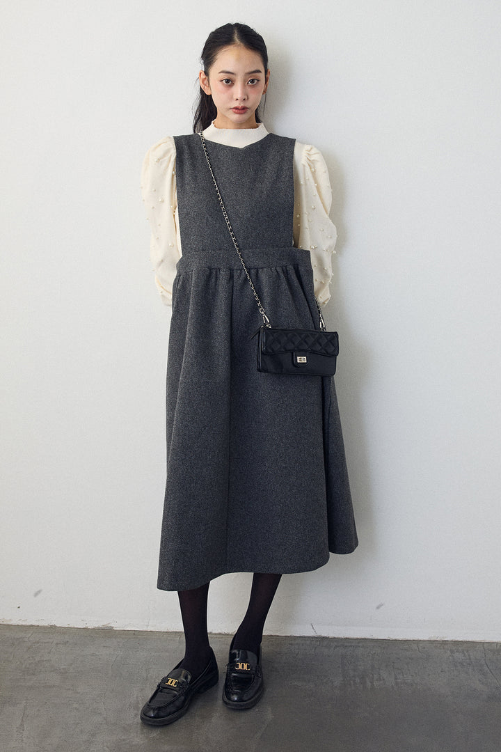 [予約/SET]パフスリーブランダムパールニット+バックリボンボックスシルエットジャンスカ(2set)