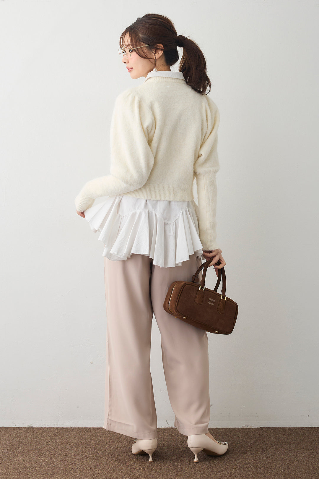 [予約/SET]モヘアパフスリーブプルオーバー+パネルフレアヘムシャツ+とろみドロストワイドパンツ(3set)