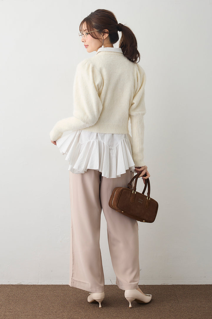 [予約/SET]モヘアパフスリーブプルオーバー+パネルフレアヘムシャツ+とろみドロストワイドパンツ(3set)