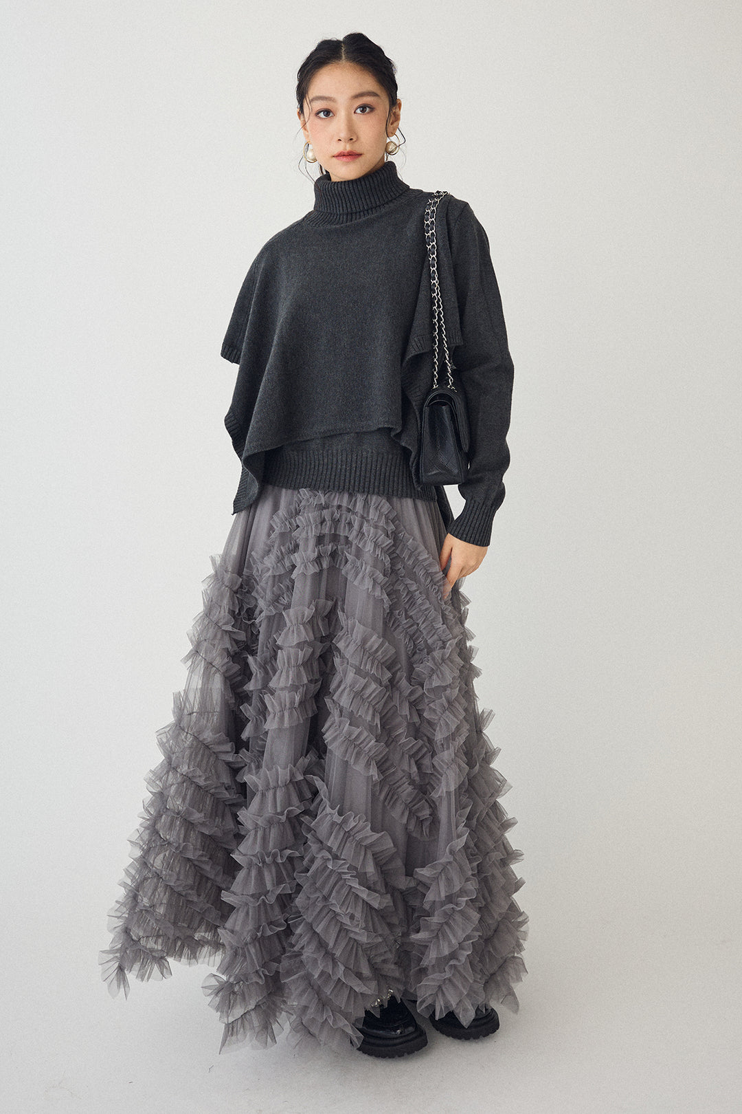 [予約/SET]アシメケープ2wayニット+スフレアシメチュールスカート(2set)