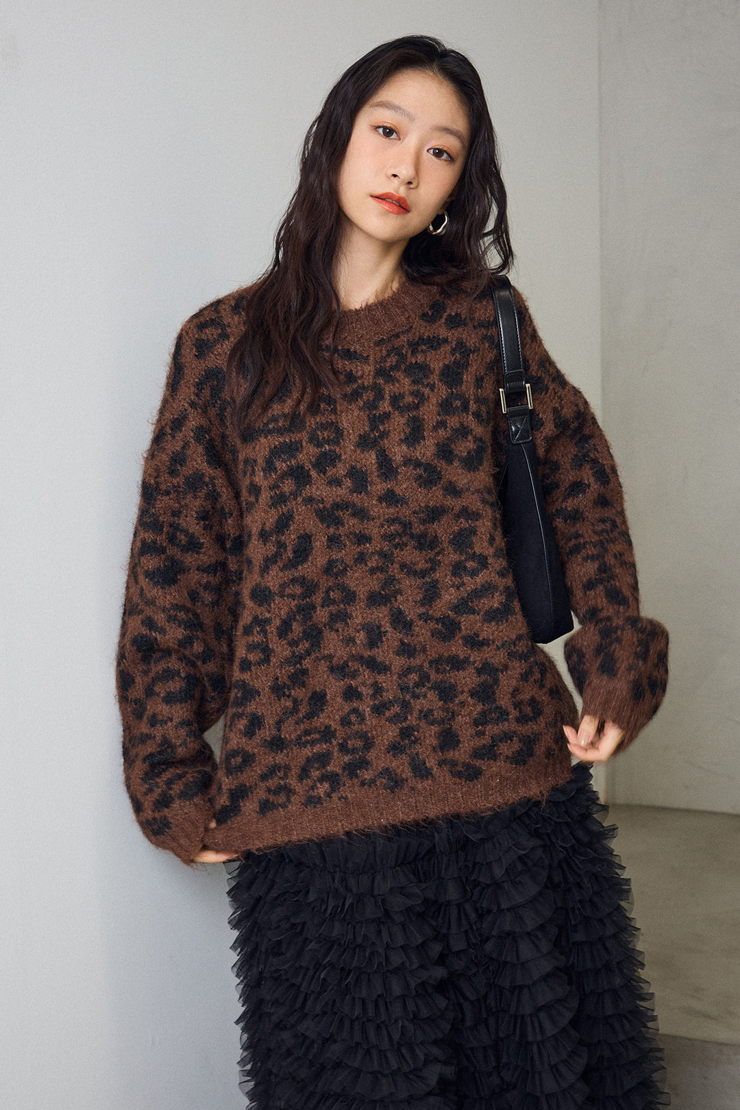 [予約/SET]レオパードクルーネックニットプルオーバー+ホイップチュールティアードスカート(2set)