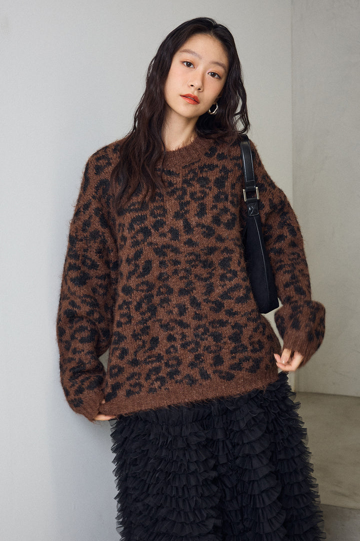 [予約/SET]レオパードクルーネックニットプルオーバー+ホイップチュールティアードスカート(2set)